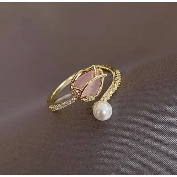 Elegant Tulip Pearl Zircon Ring - Classic Adjustable Finger Jewelry for Women - Picture 1 of 8